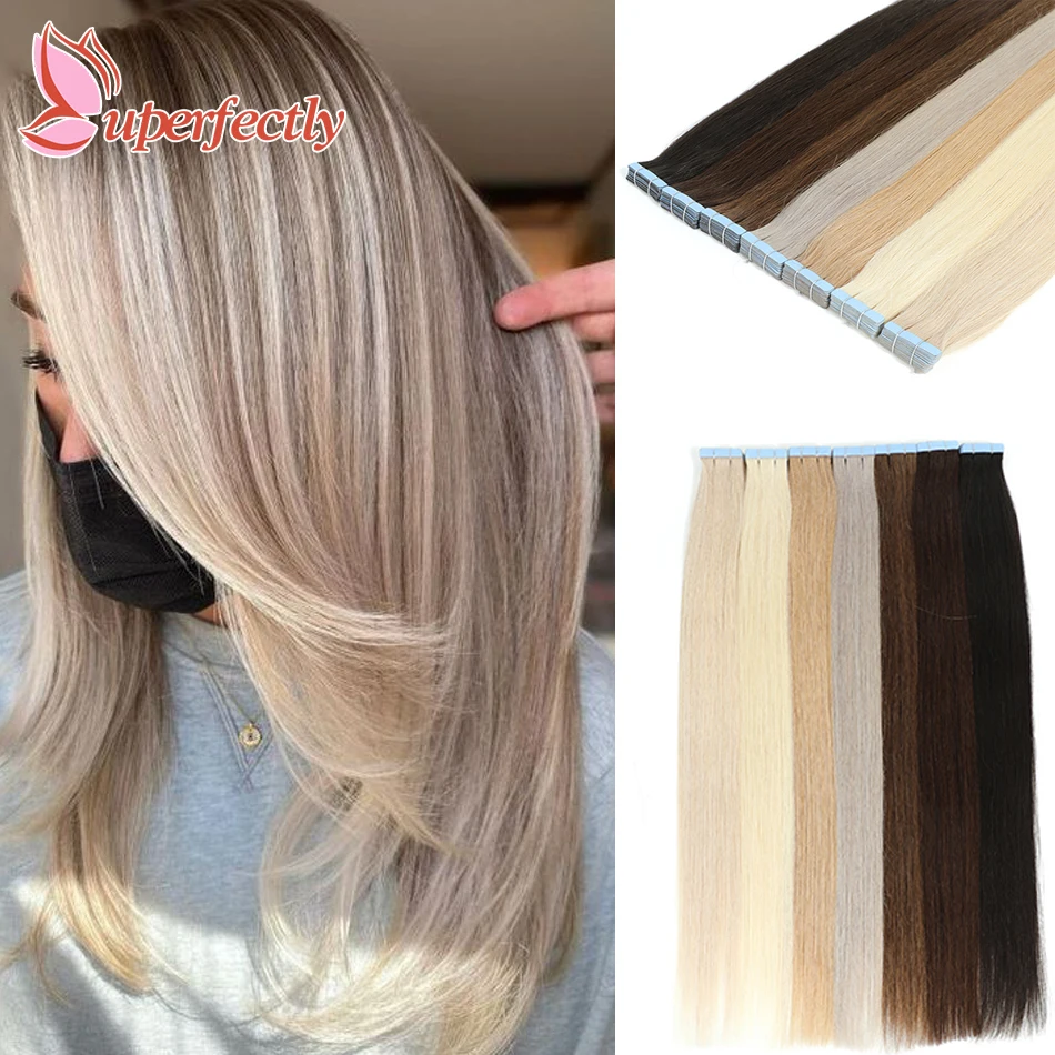 Tape In Brazilian 100% Real Human Hair Straight Seamless Skin Weft 12