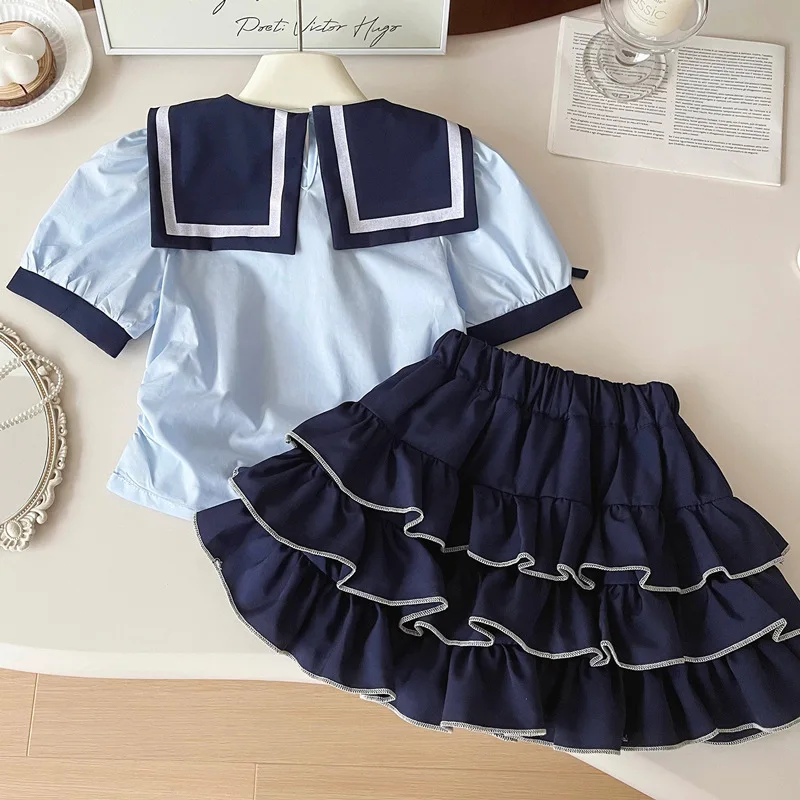 Girls' Summer Suits Skirt Short Sleeve Rabbit Officer Clothes Little Girl College StyleTT-shirt Pettiskirt Two-Piece Set