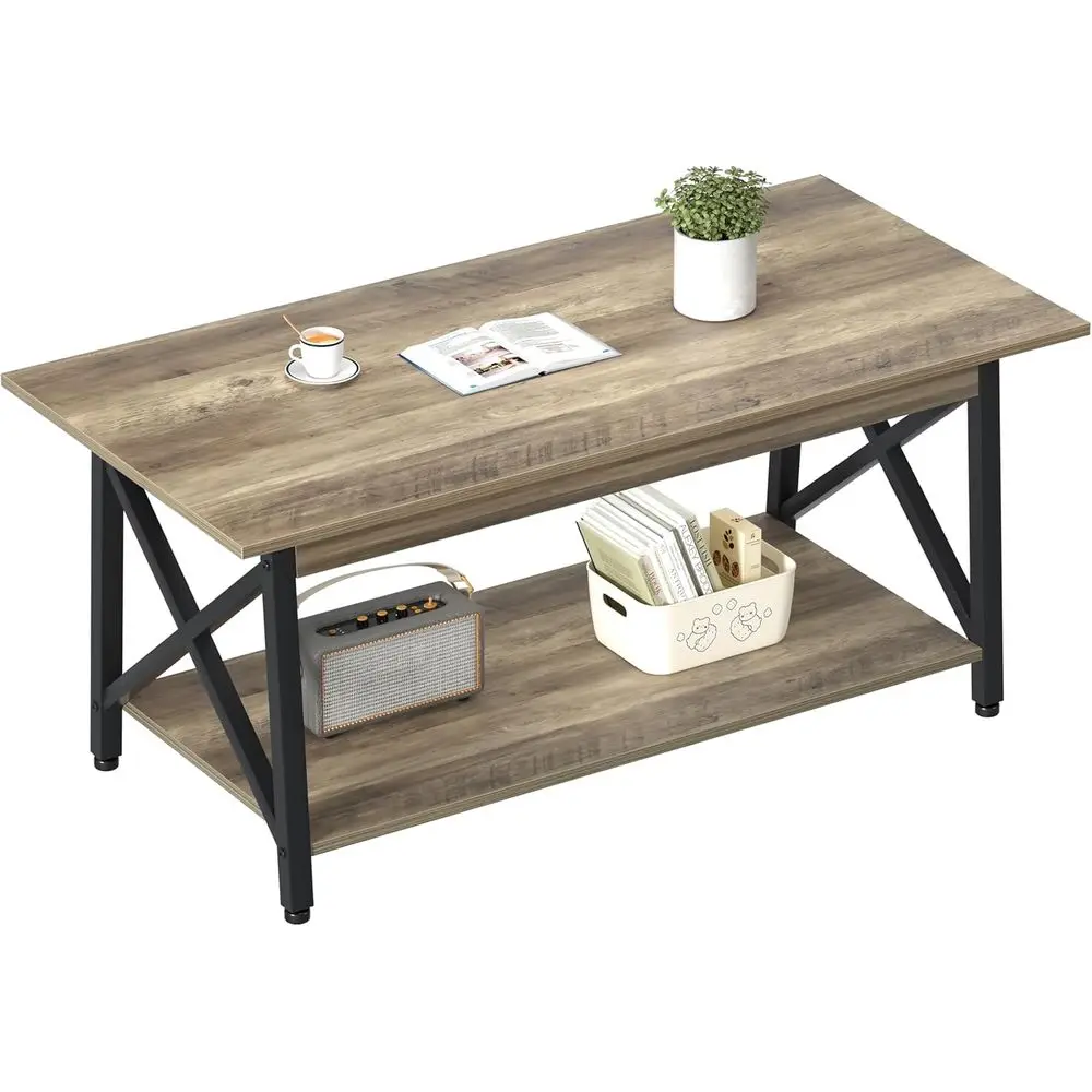 

Modern 39 2-Tier Farmhouse Coffee Table with Storage, Grey Wash, X-Frame Design for Space-Saving Living Rooms