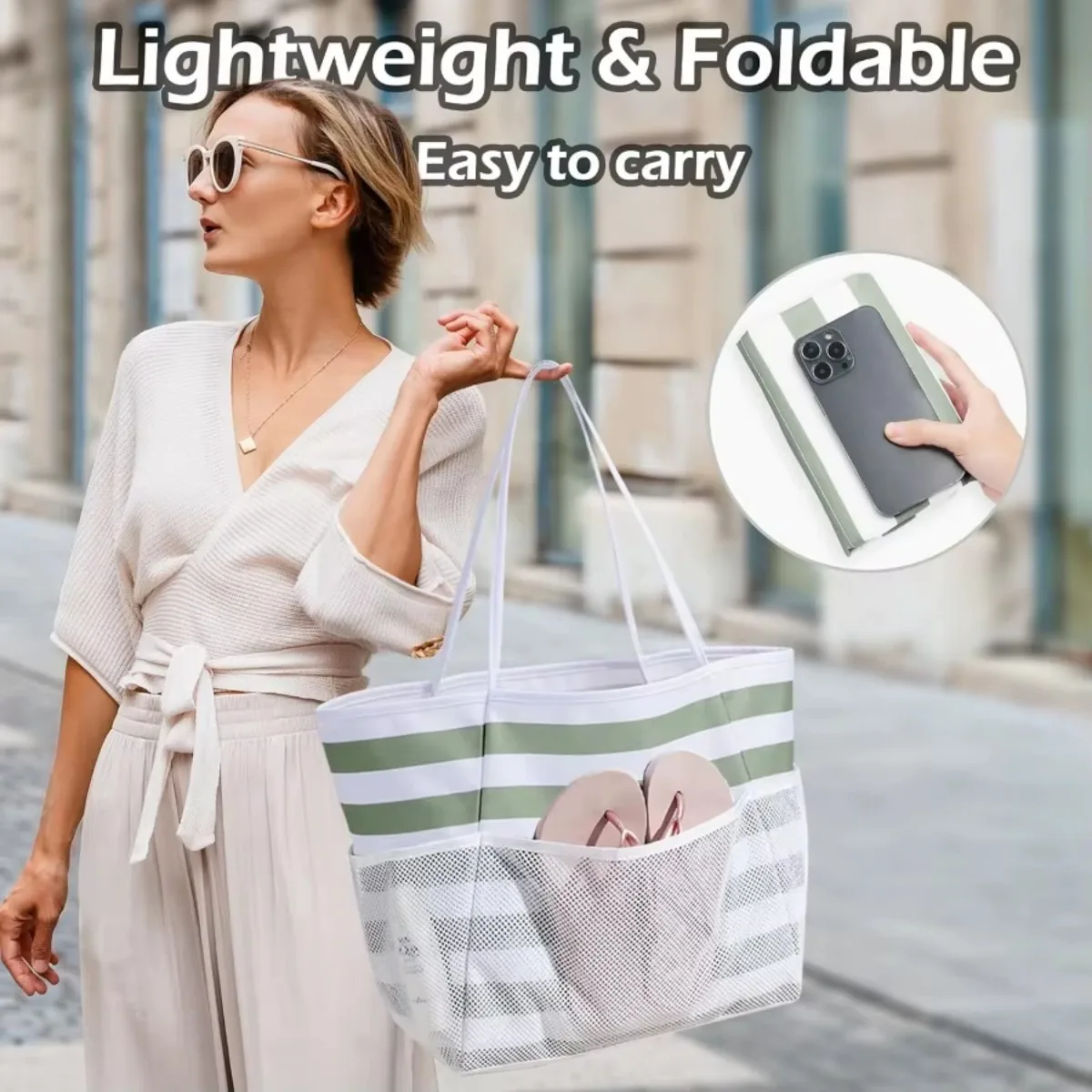 حقيبة يد للشاطئ للنساء كبيرة مقاومة للماء ومضادة للرمل حقيبة كتف قابلة للتعبئة وحقيبة بقالة ومحفظة هوبو لقضاء عطلة النزهة