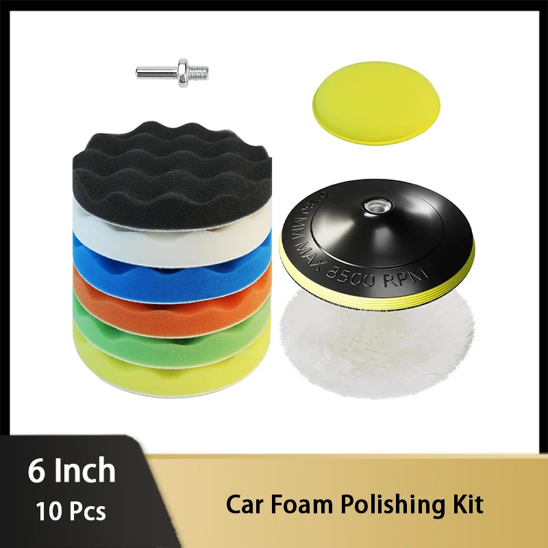 6 Inch Car Foam Polishing Kit 10 Pcs Buffing Pad Drill Attachment Buffer Polisher with Wool Pad for Car Waxing and Polishing