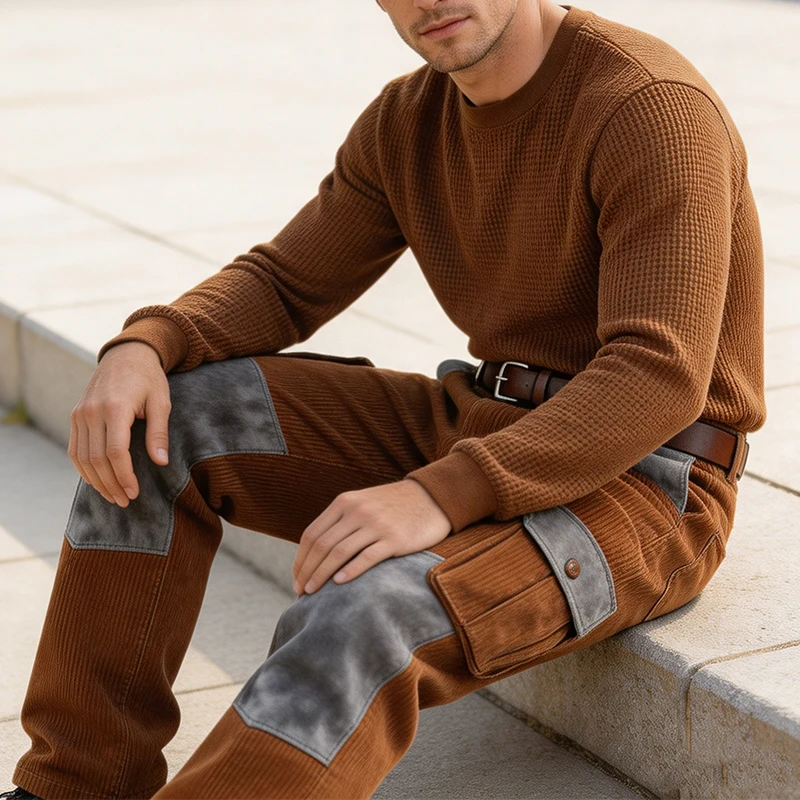 Fall Corduroy Texture Cargo Pants Mens Fashionable Multi-pockets Contrast Color Trousers Men Vintage Straight Patchwork Bottoms