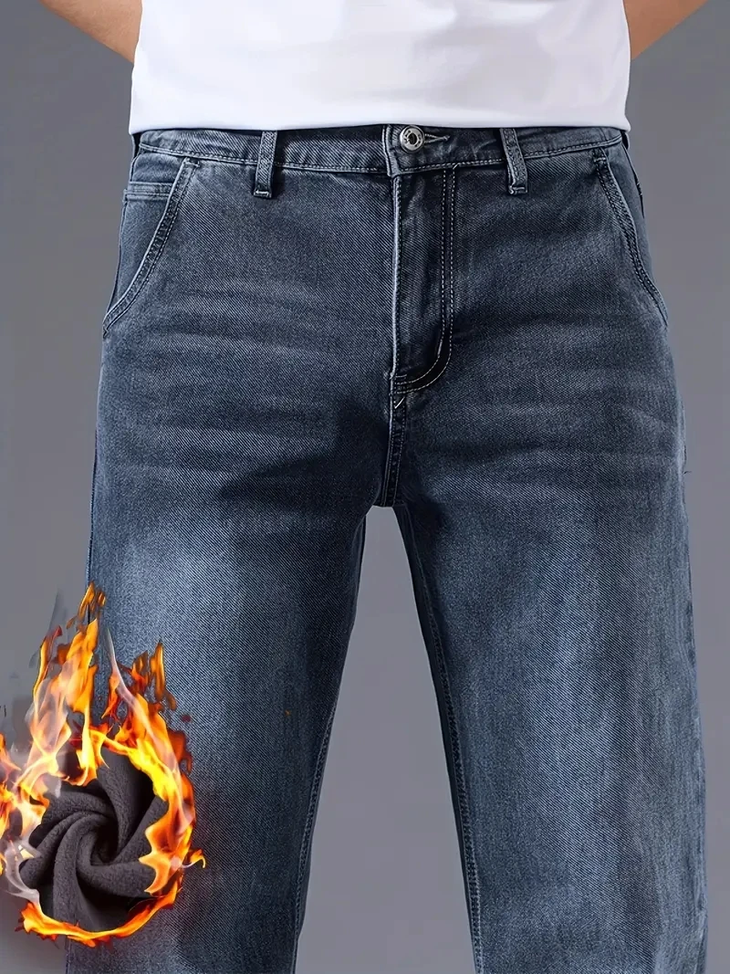 Jeans casual da lavoro elasticizzati spessi foderati in pile caldo invernale da uomo Pantaloni leggeri per ufficio e abbigliamento quotidiano