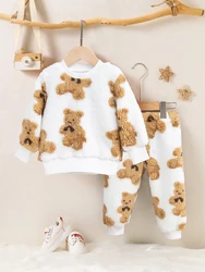 2pcs autumn and winter plush cute cartoon teddy bear pattern long sleeved T-shirt and pants thick and warm, skin friendly