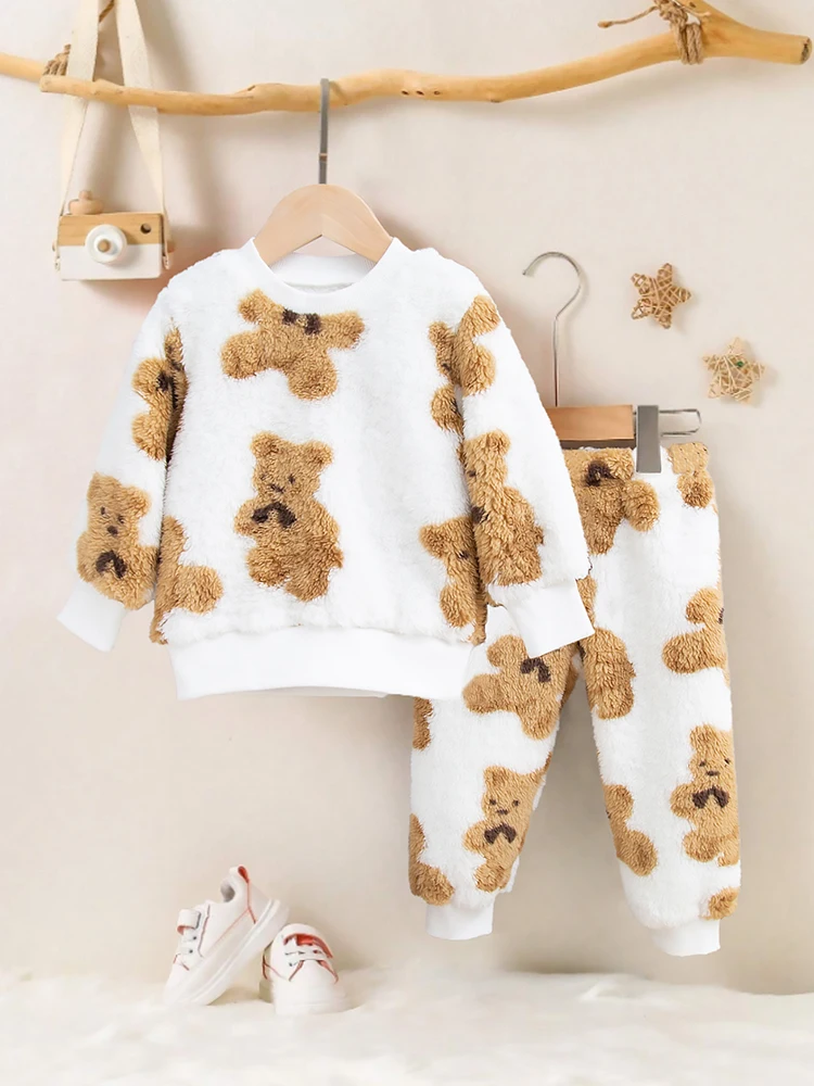 1set autumn and winter plush cute cartoon teddy bear pattern long sleeved T-shirt and pants thick and warm, skin friendly