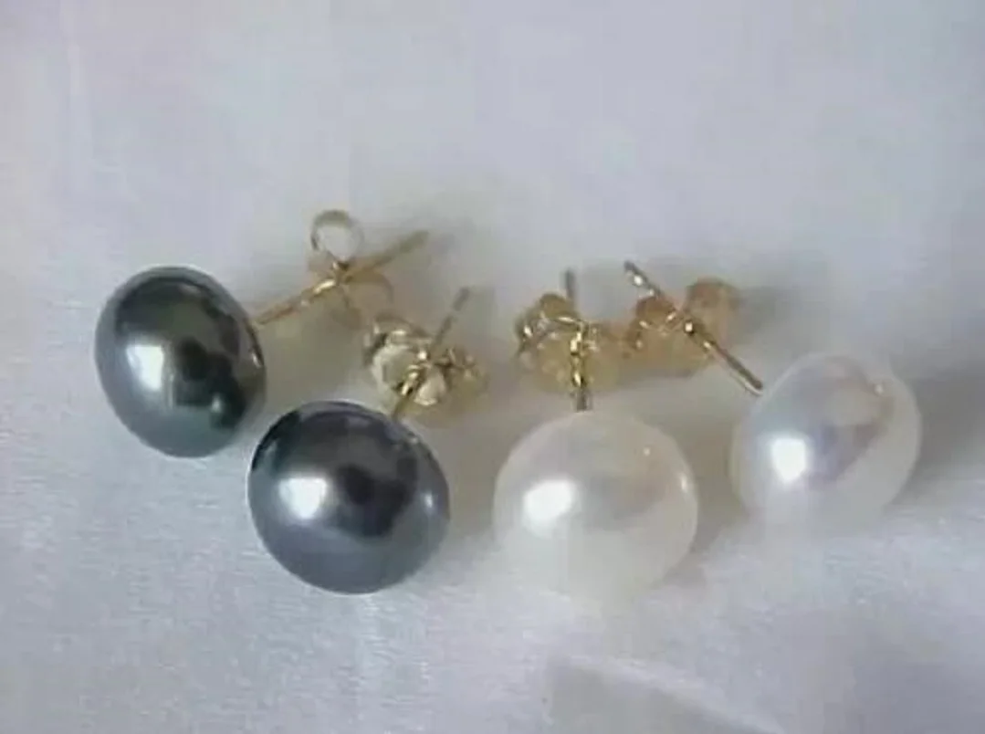 Hot Sale AAA 9-10 mm South Seas 1 White 1 Black Natural Pearl Earrings with 14k