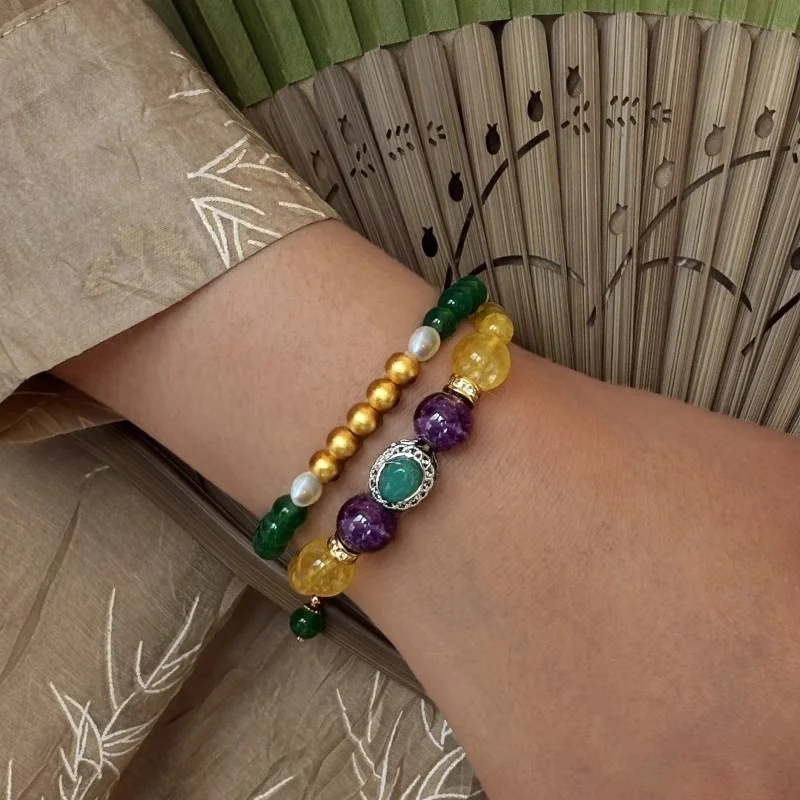 

Double Circle Layered Yellow Hair Crystal Bead Bracelet for Women Natural Stone Baroque Pearl Vintage Exquisite Jewelry