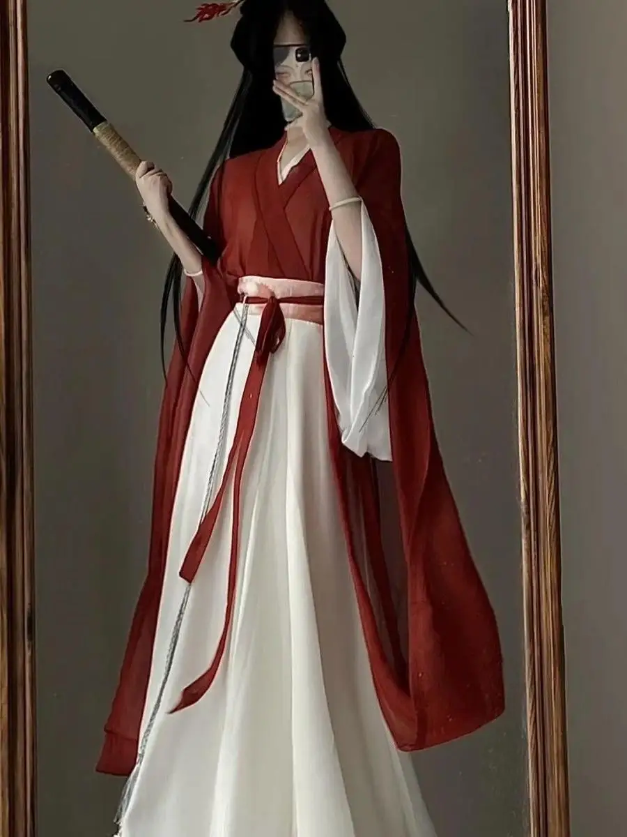 

Ролевая юбка Hanfu в женском стиле с перекрестным воротником длиной до талии, юбка восемью звеньев, комплект халатов Warring States, карнавальная вечеринка, сбор
