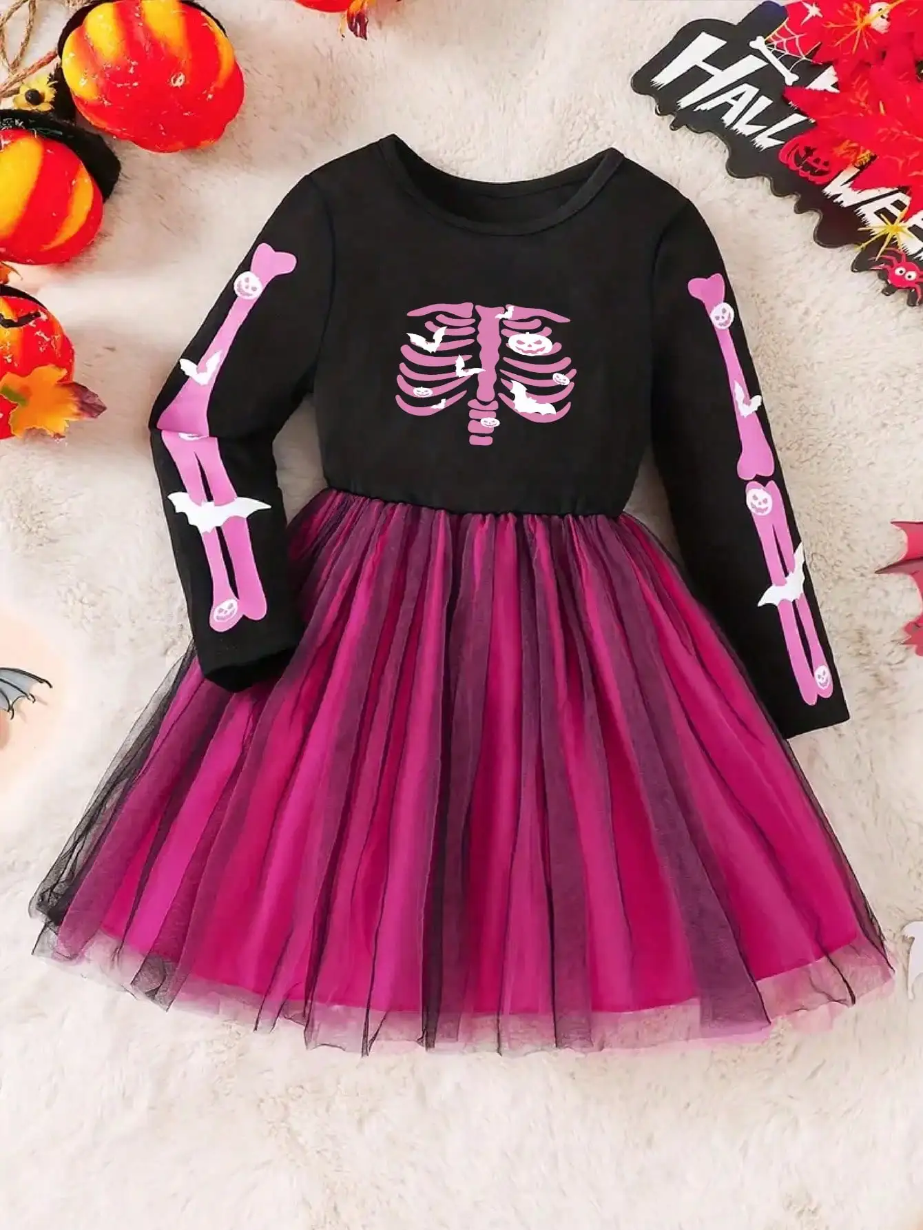 Halloween Mädchen Cartoon-Totenkopf Bedrucktes Netz-Prinzessinnenkleid, Winter- und Herbst-Festkleid, Beliebter Stil – Detail 2