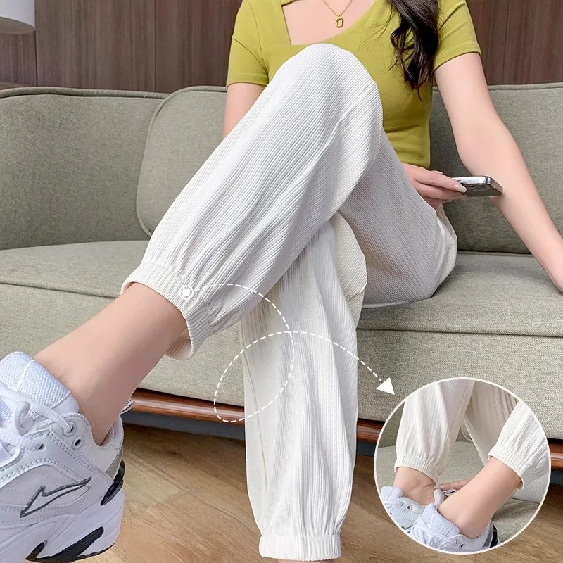 High Waist Ice Silk Sports Pants Women's Summer Thin Loose Drapey Cuffed Pants Quick Dry Casual Pants Lantern Pants Style