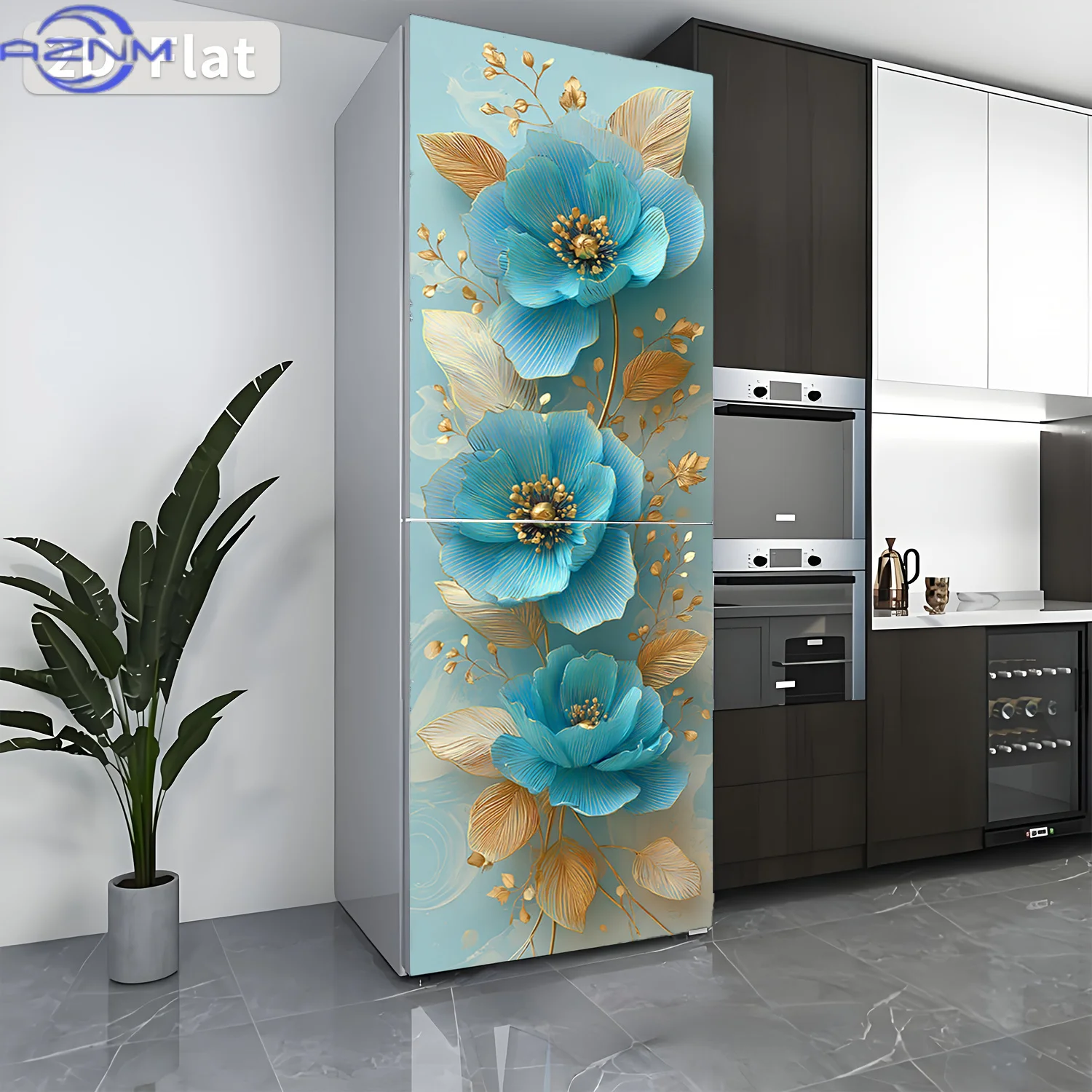 2D Flat Printing 1pc Refrigerator Sticker 60×180cm Blue and Golden Floral Pattern Themed Design Wall Decal Self-Adhesive Wallp