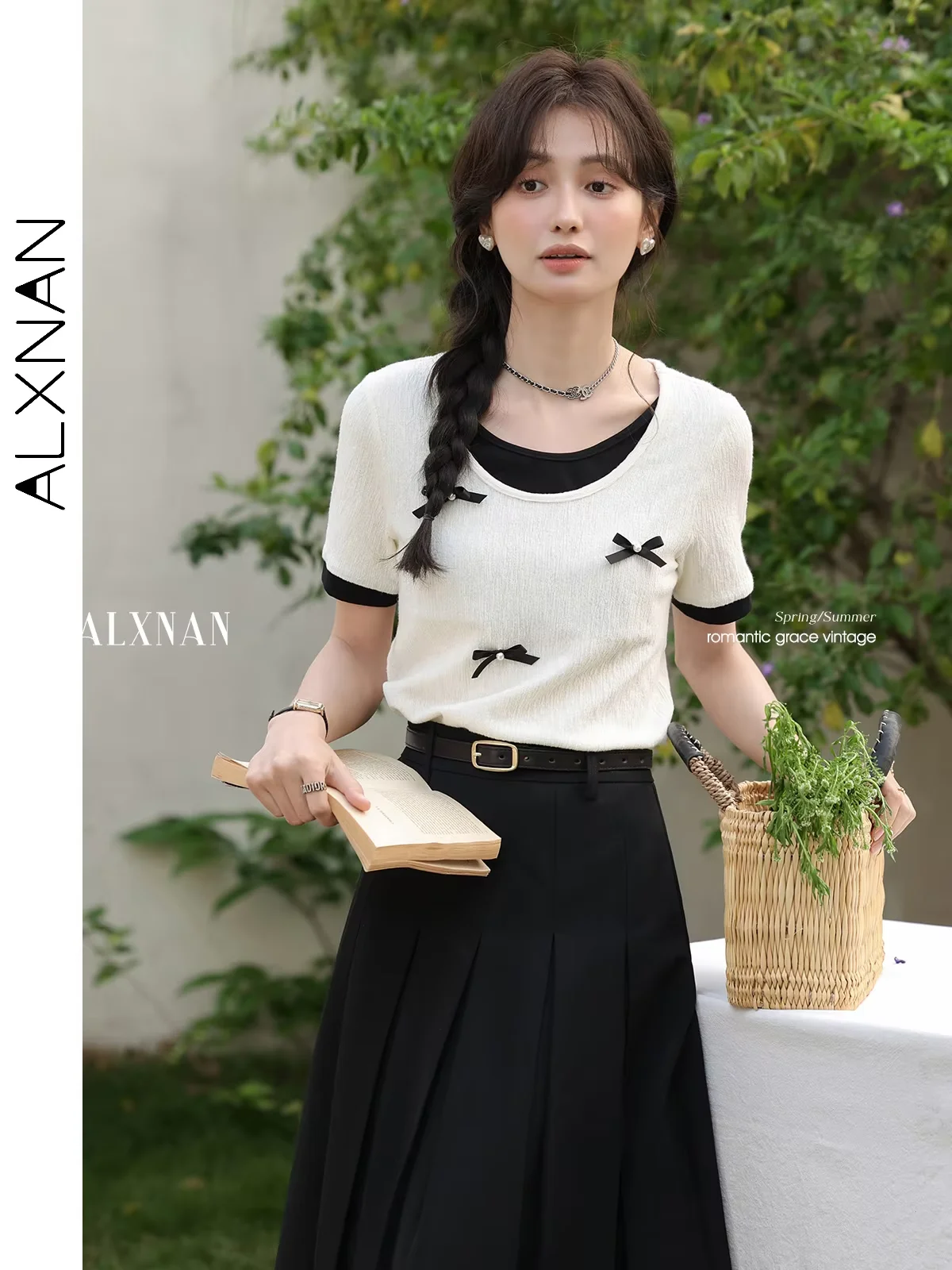 ALXNAN Off-white Women's T-shirt Fake Two-piece Round Neck Bow Design Cotton T-shirt Summer Office Loose Short Sleeve Top L53573