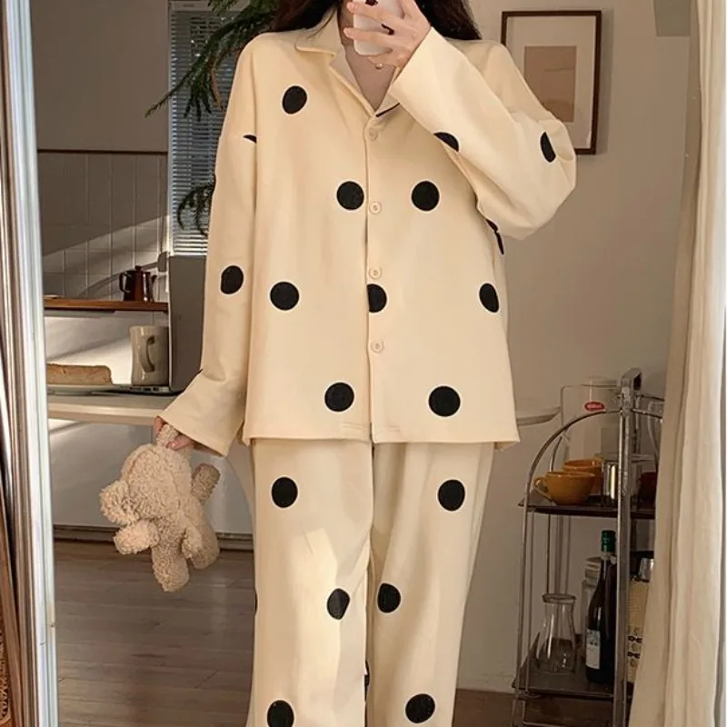 Women Spring Autumn 2024 Latest Pyjamas with Chest Pad Cotton Sleepwear Long Sleeve Lapel Loose Nightgown Cute Big Size Pajamas