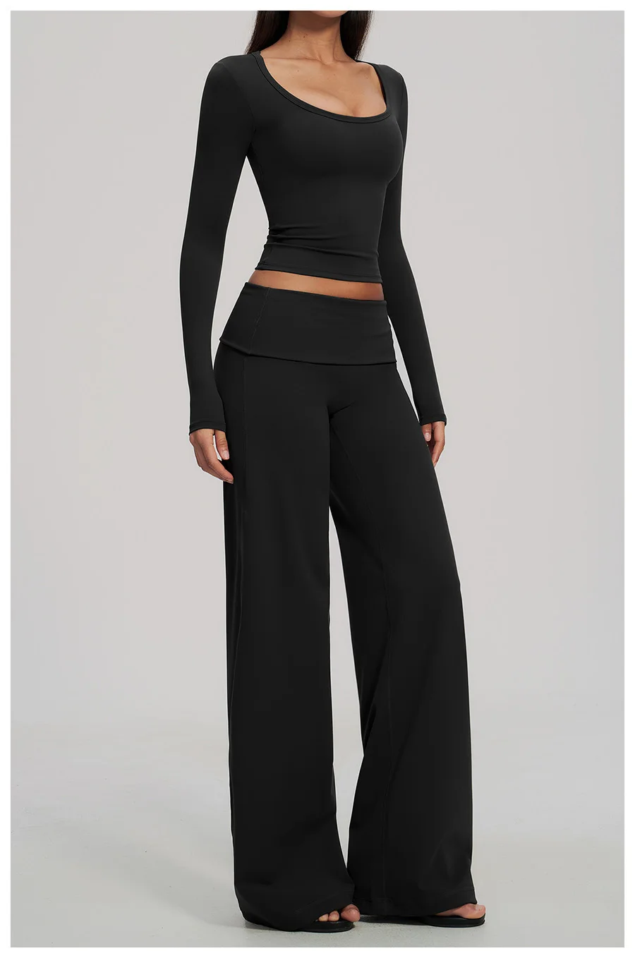 2-teiliges Yoga-Set für Damen, Langarm-Fitness-Oberteil, Trainingsanzug, Sportbekleidung, High-Waist-Hose mit geradem Bein, Fitness-Sportanzug – Detail 26