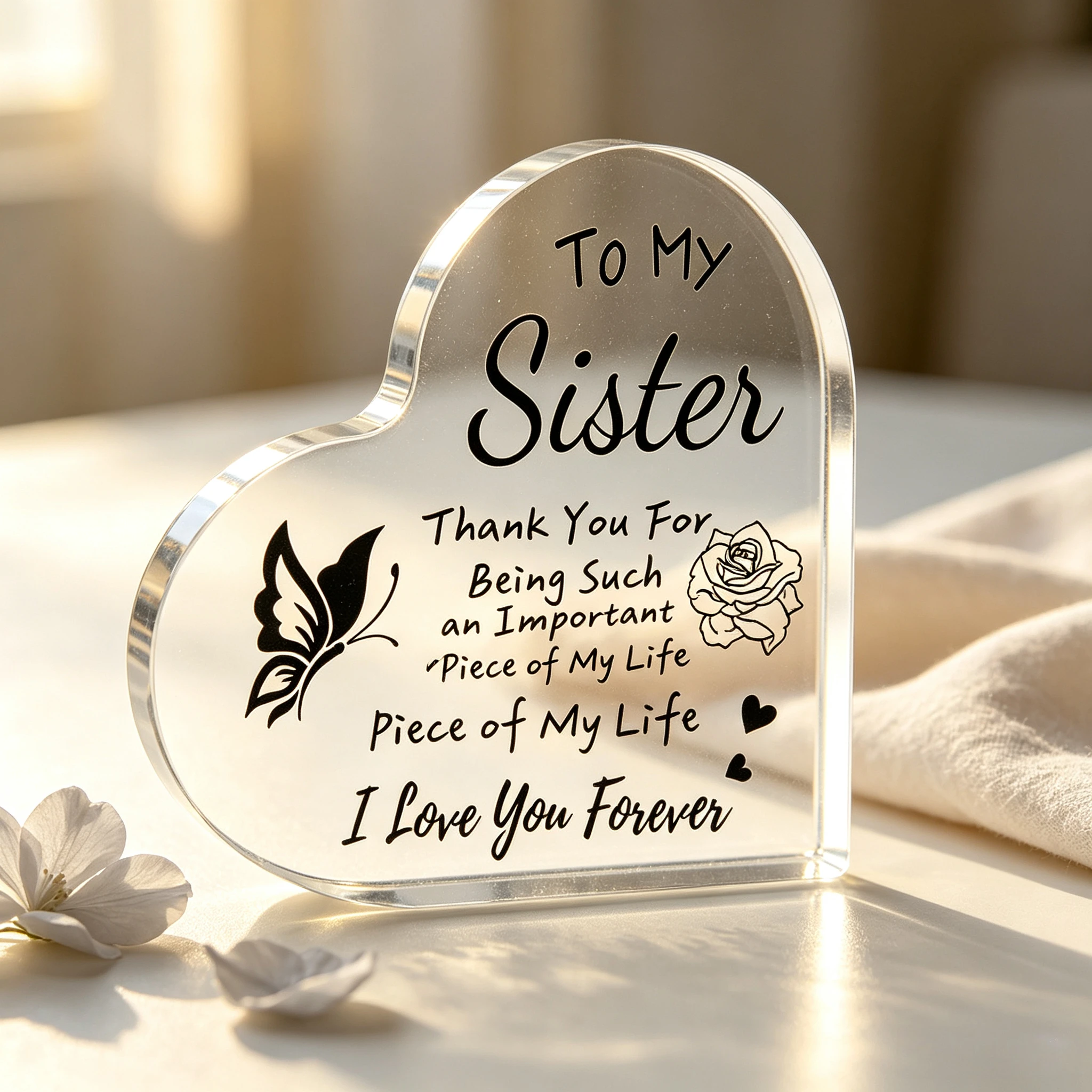 To My Sister Heart‑Shaped Acrylic Tabletop Plaque, Line Art Butterfly Rose Appreciation Desktop Decor