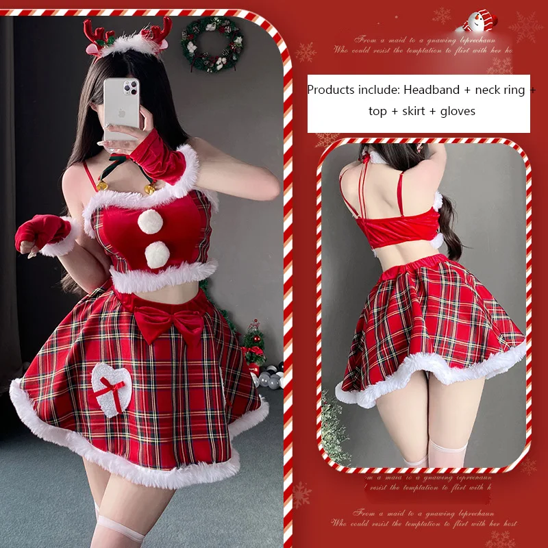 

Christmas Cosplay Moose Costume Winter Female Plush Plaid Skirt Sexy Maid Uniform Party Stage Show Outfit Xmas Bow Dress Suit