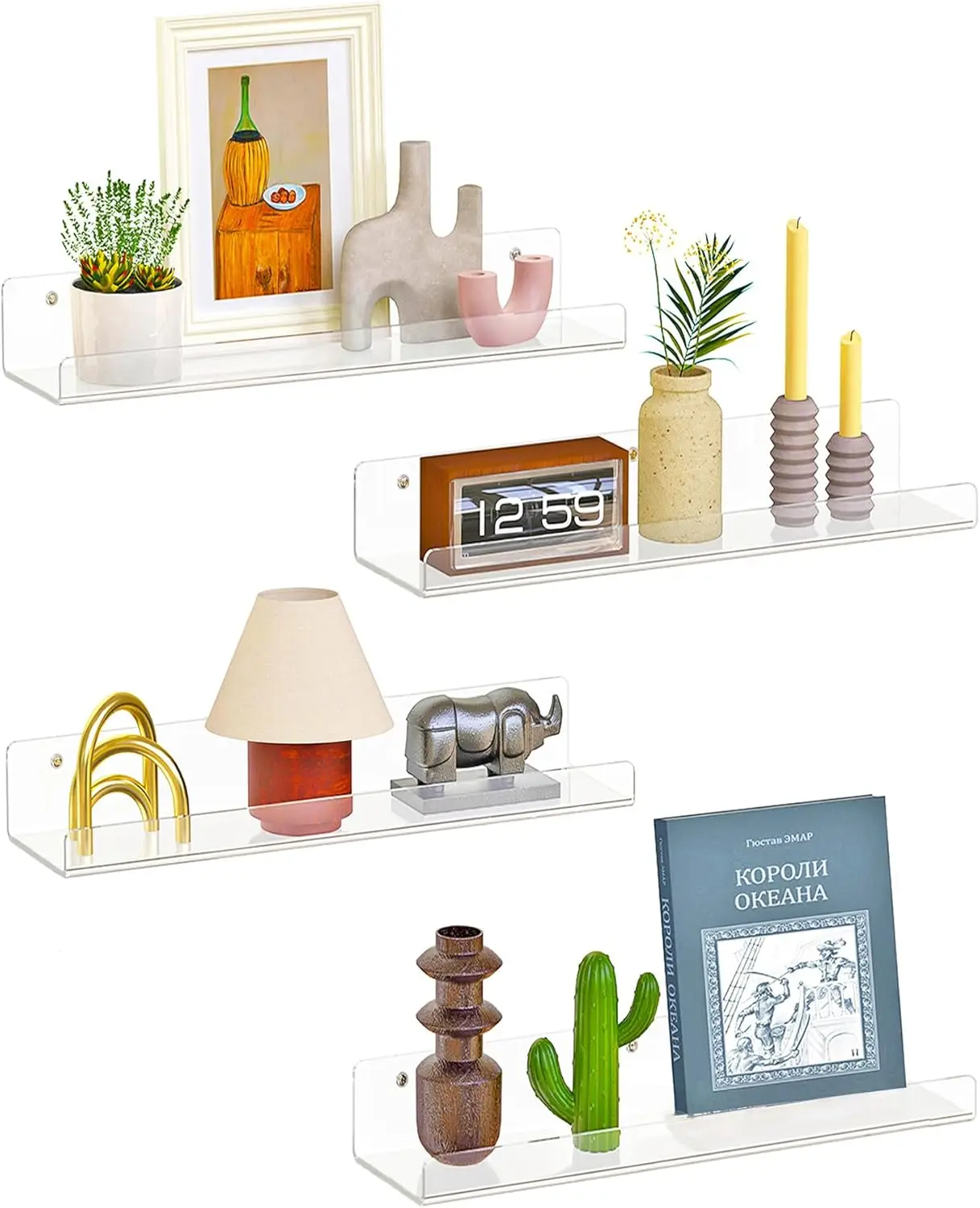 

4 Pack Floating Shelves for Wall, 15" Clear Acrylic Bookshelf Display Organizer for Bathroom, Bedroom, Living Room, Kitchen