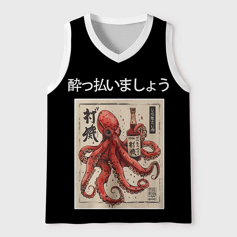 New Drunken Octopus Printed Sports Tank Top for Children and Adults Retro OSAKA Street Style Contrast Color Sleeveless T-shirt