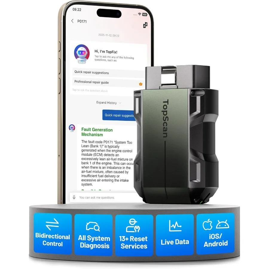 TopScan Pro OBD2 Scanner Bluetooth Bi-Directional Scan Tool for iPhone Android with All System 13+ Hot Reset Car Scanner FCA Au