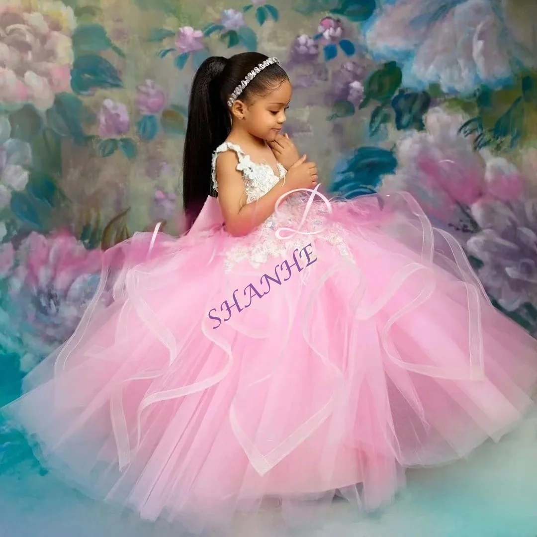 فساتين فتاة الزهور السوداء لحفلات الزفاف مزينة بالدانتيل الأحمر للفتيات والأطفال فستان حفلة عيد ميلاد أول فساتين التواصل المقدس حسب الطلب #3