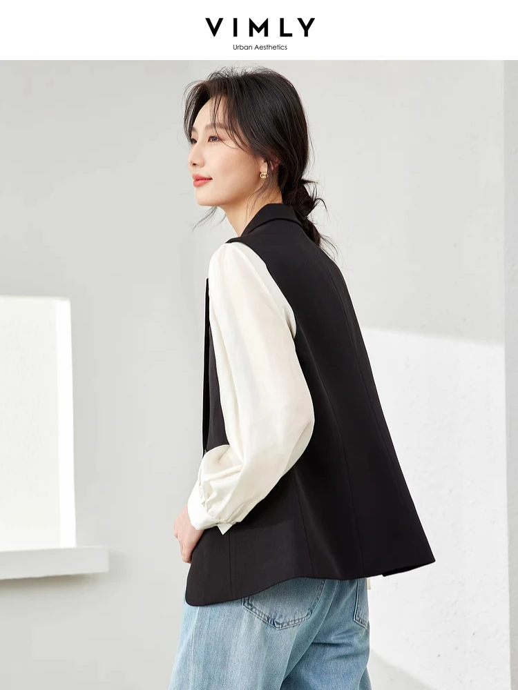 Vimly Black Notched Waistcoat Sleeveless Blazer 2024 Spring Casual Fashion Female Vest Office Ladies Jacket Clothing M5966