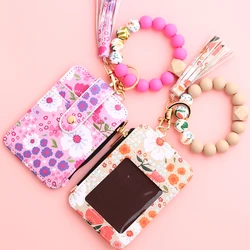 Silicone bead pu leather key chain wristlet id credit card holder keychain wallet for women  Pink Flower Print Wallet