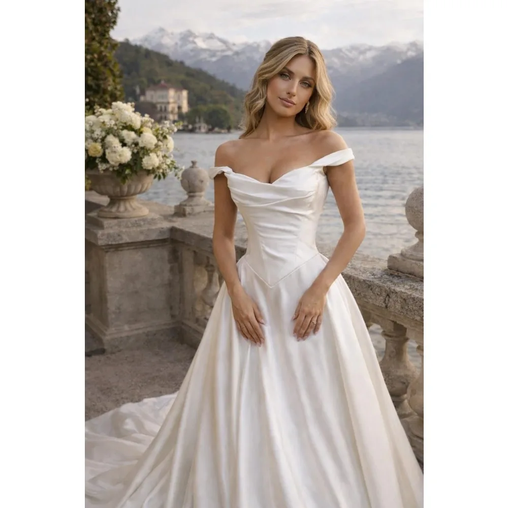 

Custom Off Shoulder Satin A Line Wedding Dress 2026 Cathedral Train Bridal Gown Plus Size Vestido De Novia