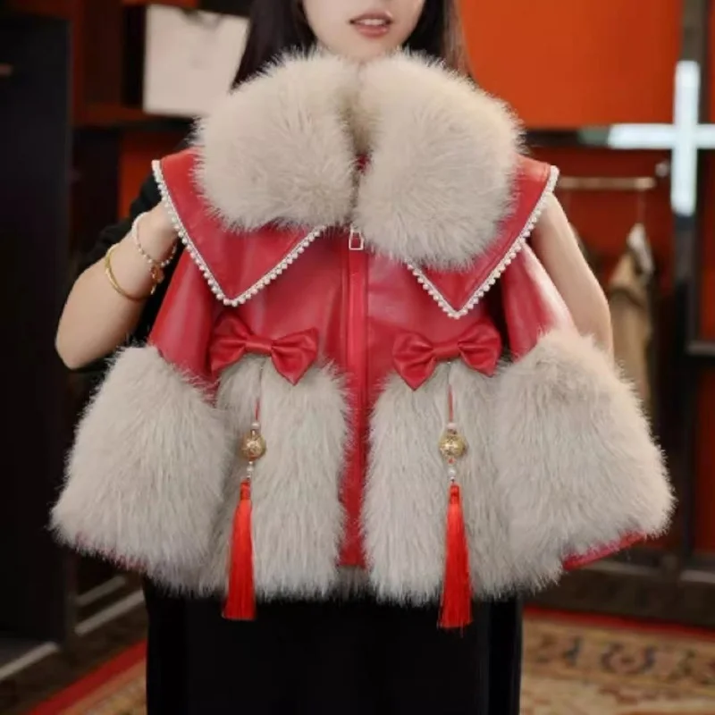 

Girls' Fur Coat Autumn and Winter New Style Children's Velvet Thick Red New Year's Worship Coat Leather Jacket 90-150CM