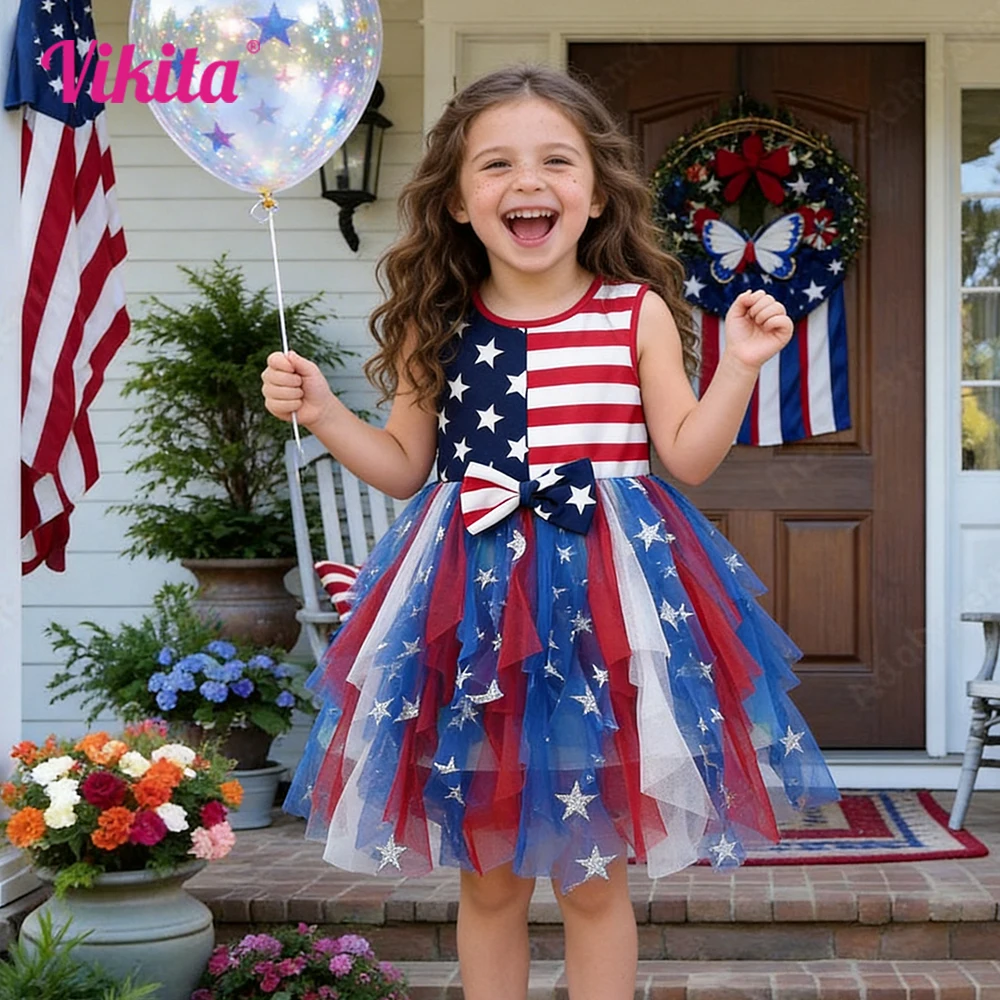 Robe Tutu pour filles avec drapeau étoiles et rayures, sans manches, pour l'été, pour fête d'enfants, cosplay, en tulle, pour la fête de l'indépendance