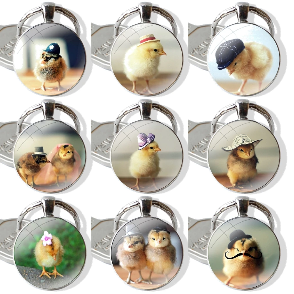 Keychain Handmade Glass Cabochon Key Ring Holder Pendant Key Chains cute baby chicken