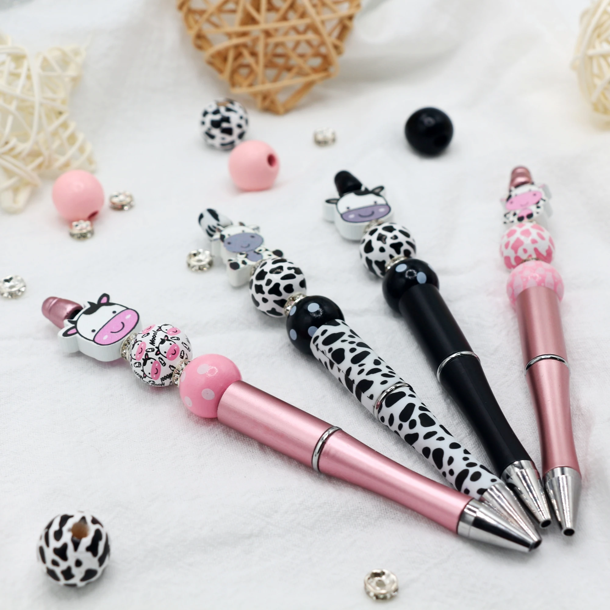 9 pcs  cute cow themed black ink DIY bead ballpoint pen and cute cow shaped wooden beads, glitter set, office and school supplie