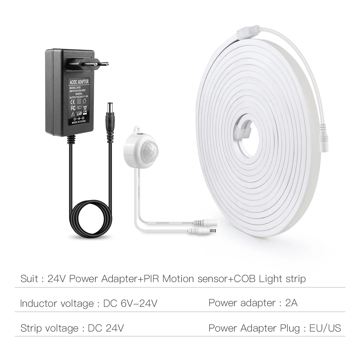 PIR Motion Sensor COB LED Strip Light 24V Neon Tape 320 LEDs/m Waterproof Auto On Off Smart Lamp Stair Bathroom Night Light