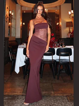 세련된 와인 레드 새틴 메쉬를 통해 볼 Spcling 여성 맥시 드레스 우아한 민소매 폴드 슬림 피트 슬링 드레스 레이디 새 파티 가운