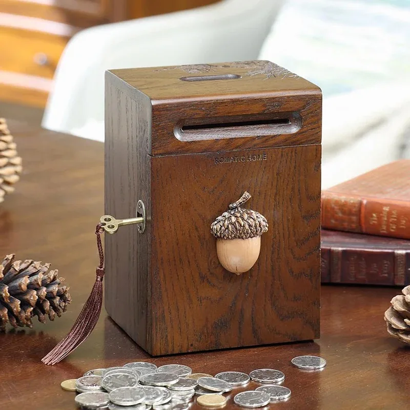 

Solid Wood Coin Bank Large Capacity Storage Tank with Lock
