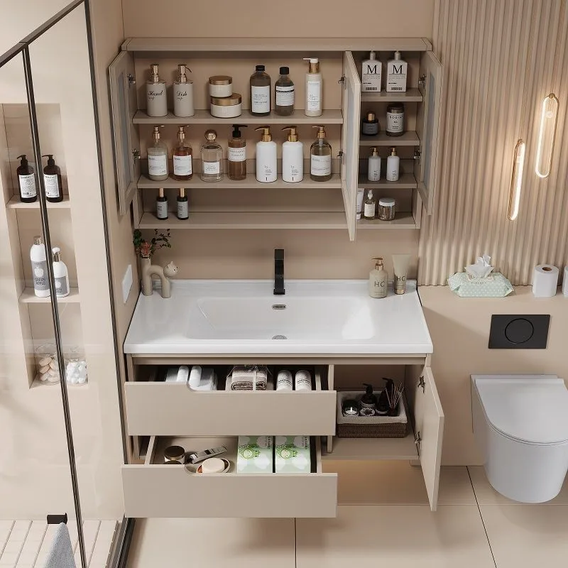 

Modern simple solid wood bathroom cabinet toilet washbasin ceramic integrated basin smart mirror