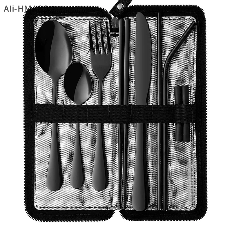 

10pcs Portable Utensils Travel Camping Cutlery Set Stainless Steel Tableware Set Knife Fork Spoon Chopsticks Straw Brush Gift