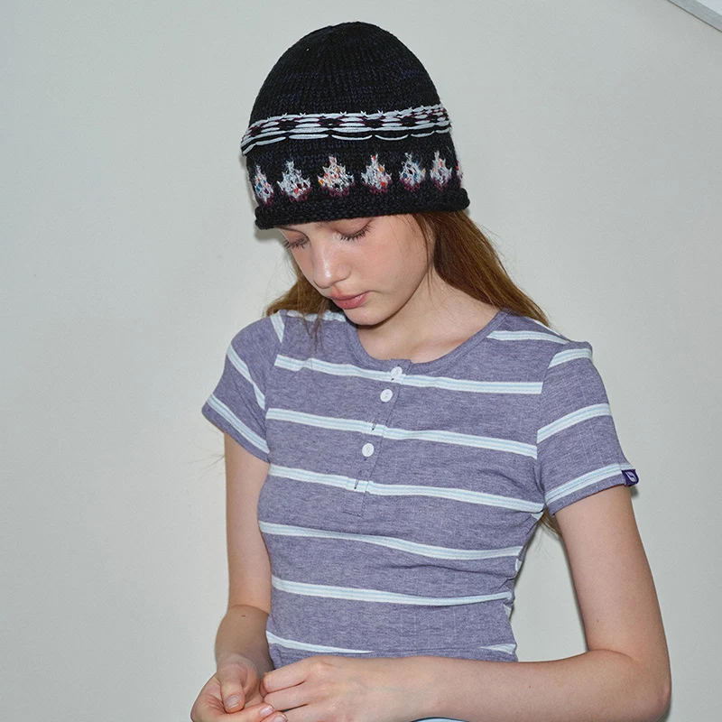 Natural Slouchy Knit Hat Navy Blue Geometric Jacquard Cuffed Beanie Hat Artistic Textured Winter Aran Beanie Skull Hat For Women 5