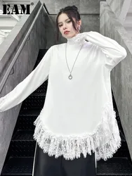 [EAM] White Lace Hem Big Size Knitting Sweater Turtleneck Long Sleeve Women Pullovers New Fashion Spring Autumn 2024 1DH7754