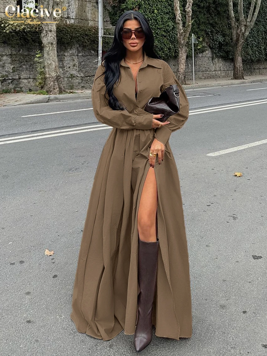 

Clacive Fashion Loose Brown Women's Dress 2025 Casual Lapel Long Sleeve Maxi Dresses Elegant Classic Belt Slit Female Dress