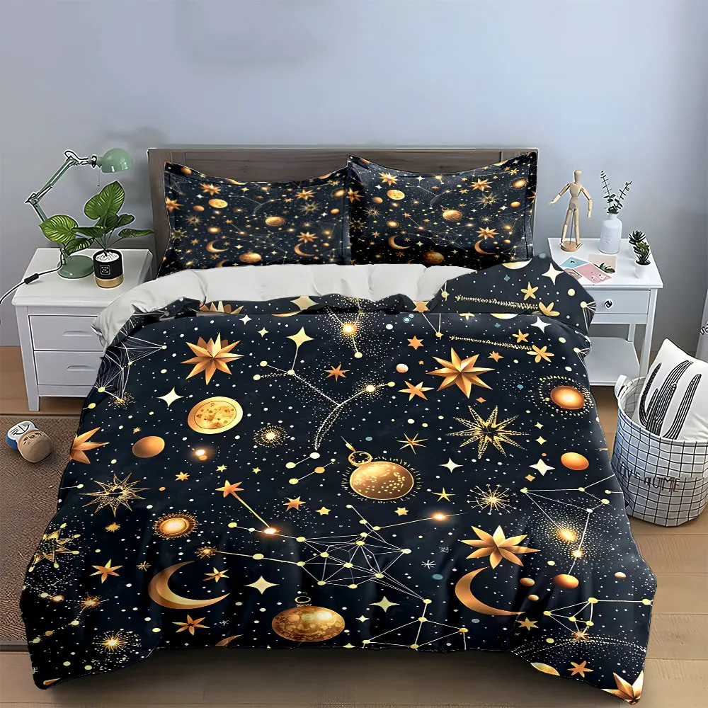 Gold Constellation Star Crescent Moon Duvet Cover Set, Dark Navy Galaxy Seamless Bedding Includes 1 Duvet Cover 2 Pillowcase