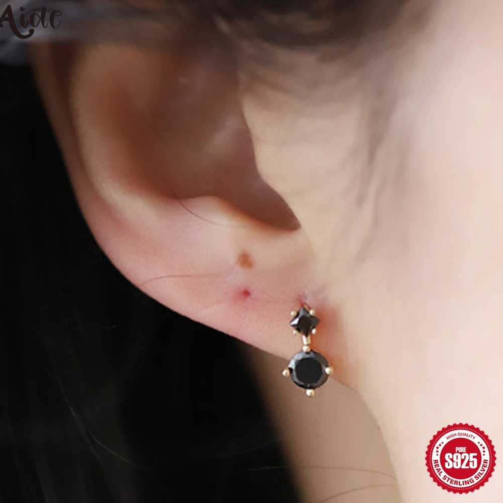 Aide S925 Pendientes de Aro de Cartílago de Plata de Ley con Zirconia Negra, Diseño Cuadrado y Redondo, con Dos Piedras Colgantes, Joya para Apilar en la Oreja