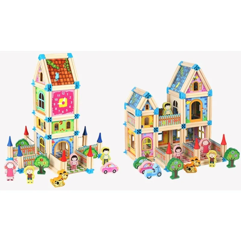 Kindergebäude Vielzahl von Bausteinen Holz dreidimensionales Mosaikmodell Schloss Eltern-Kind-interaktives Lernspielzeug