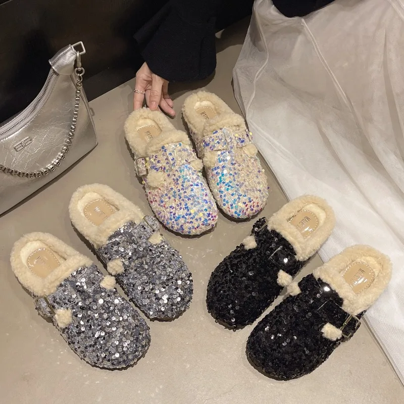 

2025 НОВЫЕ тапочки с блестками, осенние и зимние новые тапочки с круглым носком, глубоким вырезом, мягкая подошва, нескользящие износостойкие тапочки на плоской подошве