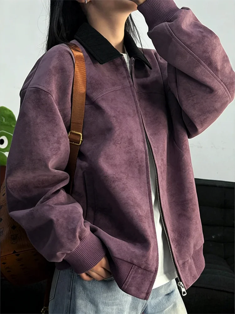 

Purple Dyed PU Leather Biker Jaet ort Sle Turn-down Collar Men's Spring Autumn Faionable Outerwear Youth ular