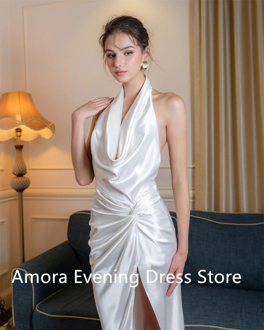 Customized Temperament  Satin  Evening Dress High Quality Halter Sleeveless Backless Open Back Mermaid Side Slit  Prom Dress