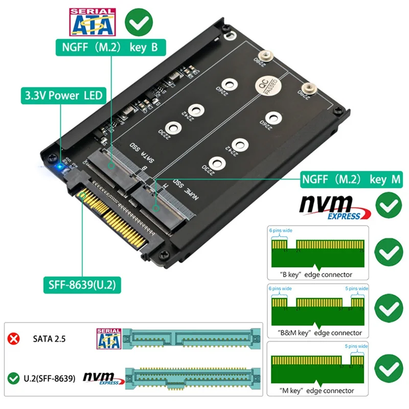 XB-SATA M. 2 SSD do U. Adapter 2 SFF-8639 Key B+ M na PCIe 3.0 NVMe SSD do konwersji dysków SSD w komputerach stacjonarnych, umożliwiający transfer danych.