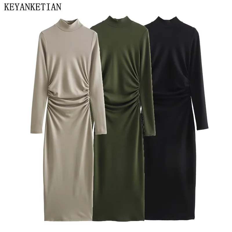 

KEYANKETIAN Winter New Women's Pleats Decoration Mock Neck Slim Knit Dress Fashion Simply Solid Long Sleeve Ankle MIDI skirt