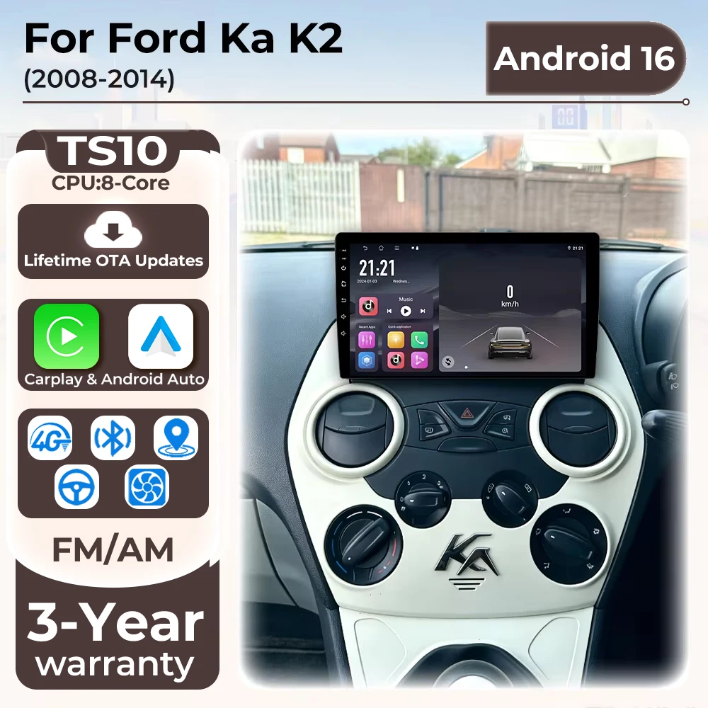 Radio samochodowe z nawigacją do Forda Ka K2 2008-2014, bezprzewodowy Carplay, ekran dotykowy, GPS, odtwarzacz multimedialny, Android Auto, jednostka główna.