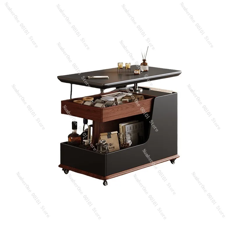 Adjustable Sintered Stone Top Side Table Mobile Sofa End Cabinet Rolling Snack Cart Multifunction Lift Up Tea Table for Living
