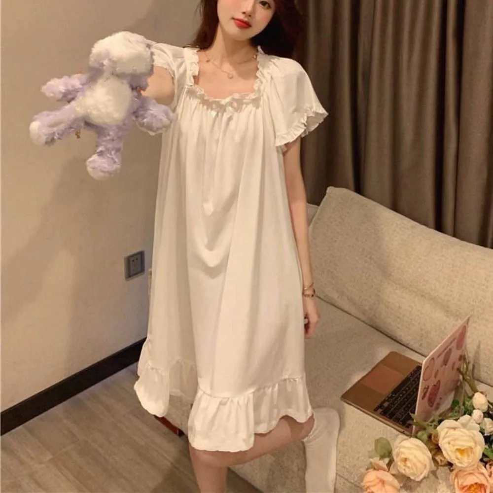 

Casual Bowknot Women's Pajama Dress Loose Home Wear Ruffle Nightdress Sleepwear Short Sleeve Princess Nightgown Home